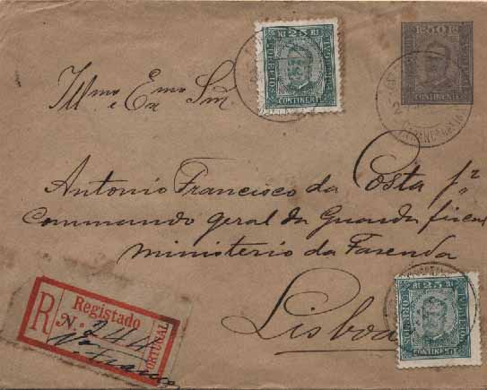 23Lis_0418.jpg -     Lote:    418            Portugal       Descrição:         1893 &mdash; D. Carlos I (emissão de 1892/95 &mdash; Tipo Diogo Neto). Sobrescritos. OM4, 50 reis cinzento-azul, circulado registado de Vila Franca de Xira (24.03.95) para Lisboa (25.03.95) com 2 selos adicionais de 25 reis verde, D. Carlos I Diogo Neto, denteado 11 &frac12;, papel porcelana CE70. MB e R.        IC       Valor Base:     &euro; 80,00     Valor Venda:     Retirado     
