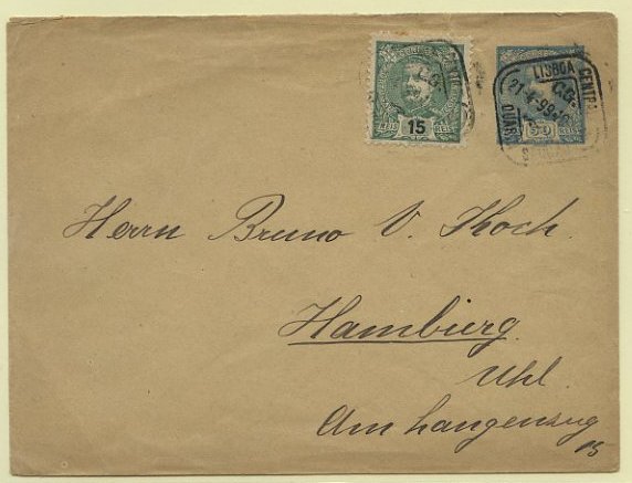 23Lis_0419.jpg -     Lote:    419            Portugal       Descrição:         1896 &mdash; D. Carlos I tipo Mouchon. Sobrescritos. OM6, 50 reis azul claro, circulado de Lisboa (21.04.99) para a Alemanha (24.04.99) com selo adicional de 15 reis verde tipo D. Carlos I Mouchon CE140.        IC       Valor Base:     &euro; 10,00     Valor Venda:     Retirado     