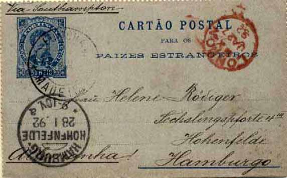 23Lis_0422.jpg -     Lote:    422            Portugal       Descrição:         1887 &mdash; D. Luís I (tipo Mouchon). Bilhetes-Cartas. OM2, 50 reis azul sobre cartolina azul clara, circulado do Funchal (19.01.92) para Hamburgo (28.01.92) com trânsito por Londres (27.01.92).        IC       Valor Base:     &euro; 10,00     Valor Venda:     &euro; 10,00     