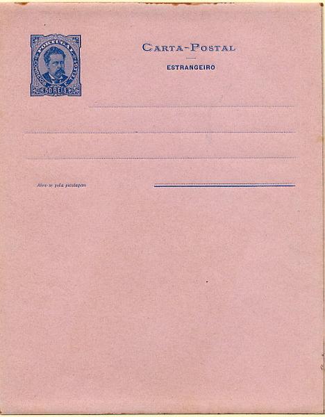 23Lis_0423.jpg -     Lote:    423            Portugal       Descrição:         1887 &mdash; D. Luís I tipo Mouchon. Bilhetes-Cartas. OM5, 50 reis. Prova em cartolina rosa, não perfurada. MB e MR.        PRV       Valor Base:     &euro; 75,00     Valor Venda:     &euro; 75,00     