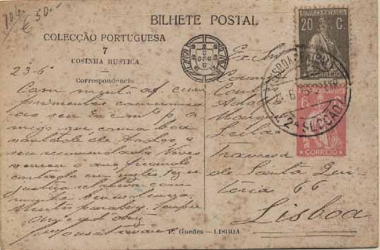 23Lis_0424.jpg -     Lote:    424            Portugal       Descrição:         1921 &mdash; Colecção Portuguesa. Selo Tipo Ceres. Bilhetes Postais Particulares. CE5, 6 ctvs, rosa escuro, N.º 7 &mdash; COZINHA RÚSTICA, circulado em Lisboa (24.06.25), com adicionais Ceres de 20 ctvs cinzento. MR        IC       Valor Base:     &euro; 30,00     Valor Venda:     &euro; 30,00     