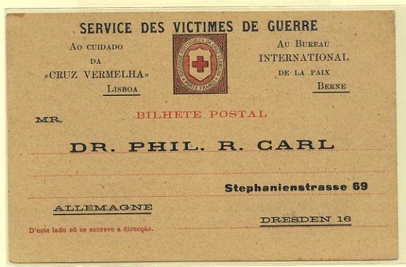 23Lis_0434.jpg -     Lote:    434            Portugal       Descrição:         1908 &mdash; Cruz Vermelha Portuguesa. Inteiros postais isentos de franquia. OM CV1, preto e vermelho claro. Novo. Repicado pelo Serviço das Vítimas de Guerra.        IC       Valor Base:     &euro; 10,00     Valor Venda:     Retirado     