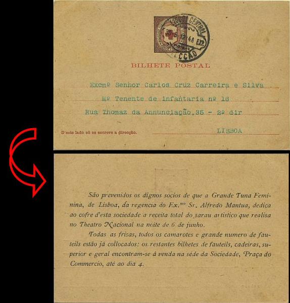 23Lis_0435.jpg -     Lote:    435            Portugal       Descrição:         1908 &mdash; Cruz Vermelha Portuguesa. Inteiros postais isentos de franquia. OM CV1, preto e vermelho, circulado em Lisboa (30.05.12). Repicado no verso.        IC       Valor Base:     &euro; 20,00     Valor Venda:     &euro; 32,00     