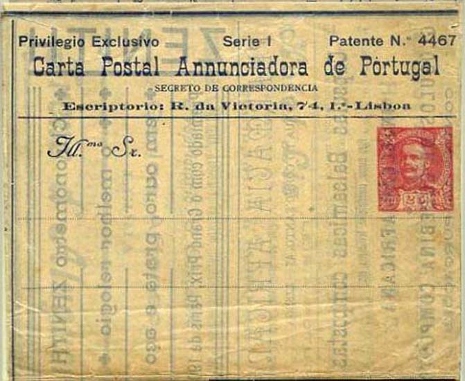23Lis_0437.jpg -     Lote:    437            Portugal       Descrição:         1904 &mdash; D. Carlos I Mouchon. Bilhetes-Cartas Particulares. Carta Postal Annunciadora de Portugal, editada por Salvador Arcádio Ferrer. OM1, 25 reis rosa. Nova em muito bom estado de conservação. MB e MR.        IN       Valor Base:     &euro; 500,00     Valor Venda:     Retirado     