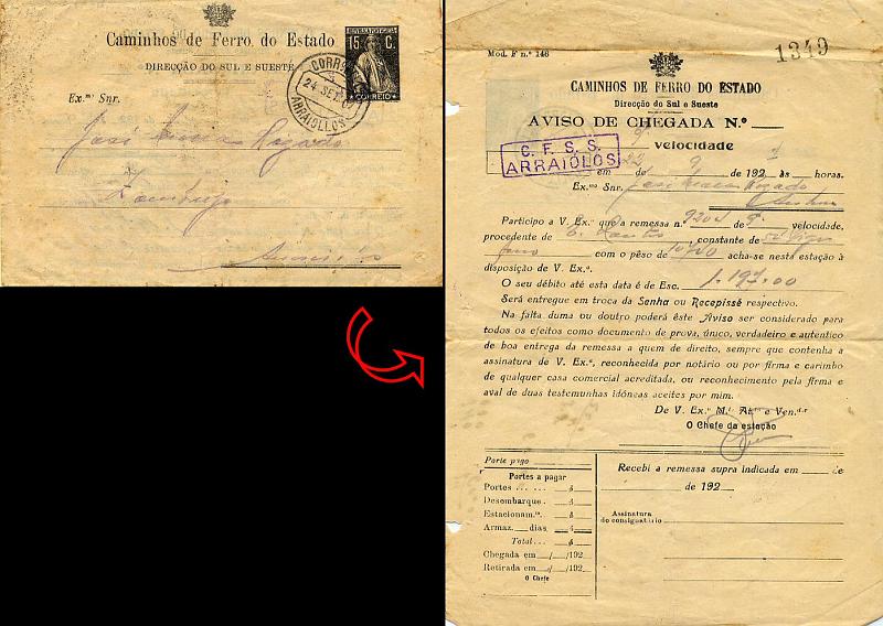 23Lis_0438.jpg -     Lote:    438            Portugal       Descrição:         192&frac12;4 &mdash; Impressos Selados * CAMINHOS DE FERRO DO ESTADO / Direcção do Sul e Sueste". Tipo Ceres de 1921, 15c preto, OM ISS6. Impresso circulado de Arraiolos (24.09.07 &mdash; erro de datador). No interior carimbo batido a violeta "C. F. S. S. / ARRAIOLOS". B e MR.        IC       Valor Base:     &euro; 350,00     Valor Venda:     &euro; 490,00     
