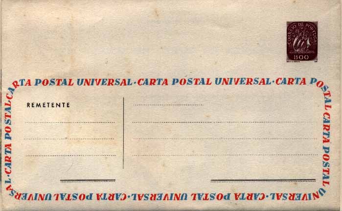 23Lis_0441.jpg -     Lote:    441            Portugal       Descrição:         1955/57 &mdash; Carta Universal. Selo tipo Caravela. OM4, 1$00 violeta-vermelho. Série A11 (Março de 1956). Apenas emitidos 5.000 exemplares. Nova.        IN       Valor Base:     &euro; 25,00     Valor Venda:     &euro; 25,00     