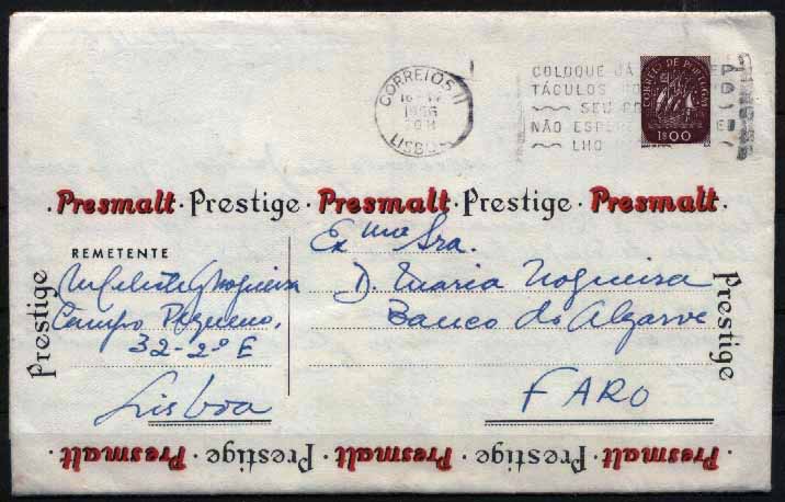 23Lis_0443.jpg -     Lote:    443            Portugal       Descrição:         1955/57 &mdash; Carta Universal. Selo tipo Caravela. OM4, 1$00 violeta-vermelho. Série D1 de 1 de Março de 1956. Circulada de Lisboa (16.04.56) para Faro. MB e R.        IC       Valor Base:     &euro; 45,00     Valor Venda:     Retirado     