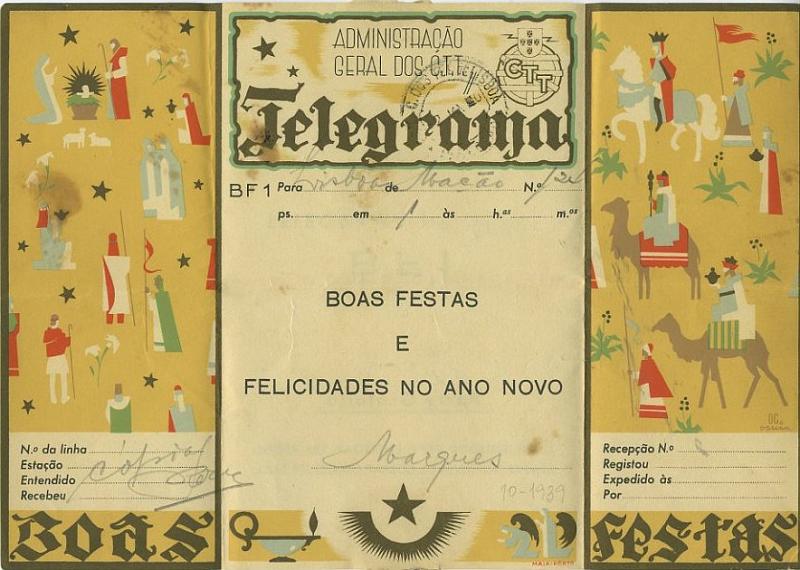 23Lis_0447.jpg -     Lote:    447            Portugal       Descrição:         1939 &mdash; Impressos de Telegramas Directos e Autógrafos. OM BF1. Telegrama ilustrado, circulado.         IC       Valor Base:     &euro; 8,00     Valor Venda:     Retirado     