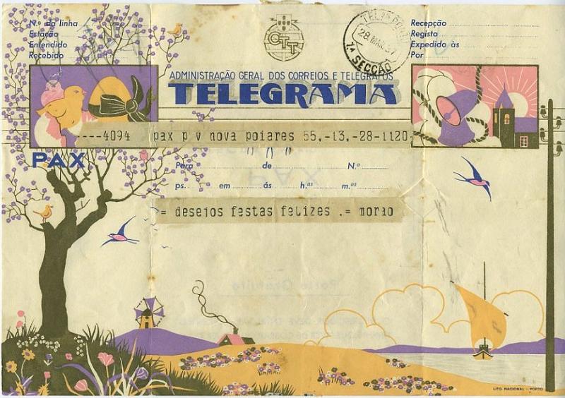 23Lis_0459.jpg -     Lote:    459            Portugal       Descrição:         1937 &mdash; Impressos de Telegramas Directos e Autógrafos. PAX. Telegrama ilustrado, circulado. Não catalogado por OM.         IC       Valor Base:     &euro; 10,00     Valor Venda:     Retirado     