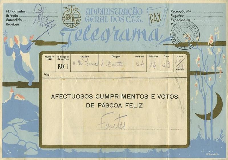 23Lis_0460.jpg -     Lote:    460            Portugal       Descrição:         1939 &mdash; Impressos de Telegramas Directos e Autógrafos. OM PAX1. Telegrama ilustrado, circulado. Apenas emitidos 2.988 exemplares.        IC       Valor Base:     &euro; 10,00     Valor Venda:     Retirado     