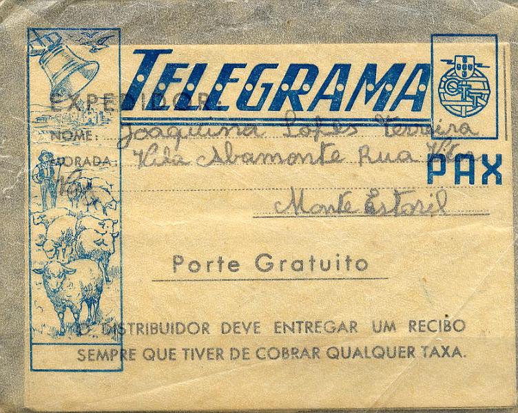 23Lis_0461.jpg -     Lote:    461            Portugal       Descrição:         1947 &mdash; Autógrafos PAX, desenhos de Margarida Ottolini. OM21 PAX2A, circulado do Monte Estoril para St.º Amaro de Oiras, em sobrescrito ilustrado transparente de "TELEGRAMA PAX". MB.        IC       Valor Base:     &euro; 5,00     Valor Venda:     Retirado     