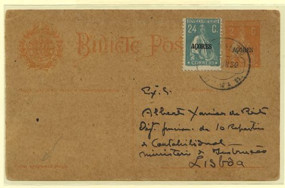 23Lis_0462.jpg -     Lote:    462            Açores e Madeira       Descrição:         1918/20 &mdash; Ceres. Inteiros do Continente com a sobrecarga AÇORES. OM44, 2C + 2C ocre sobre cartolina camurça. 1.ª folha (Com resposta paga) circulada de St.ª Cruz da Graciosa (02.06.30) para Lisboa com selo adicional de 24C verde azul CE181. B e MR.        IC       Valor Base:     &euro; 15,00     Valor Venda:     &euro; 36,00     