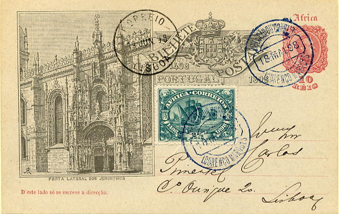 23Lis_0465.jpg -     Lote:    465            Angola       Descrição:         1898 &mdash; 4.º Centenário do Descobrimento do Caminho Marítimo para a Índia. Emissão para as colónias de África. OM1C (Porta Lateral dos Jerónimos), 10 reis rosa carmim, circulado de Lourenço Marques (18.05.1898) para Lisboa (19.06.1898) com selo adicional de 2 &frac12; reis do Centenário da Índia.        IC       Valor Base:     &euro; 10,00     Valor Venda:     &euro; 24,00     