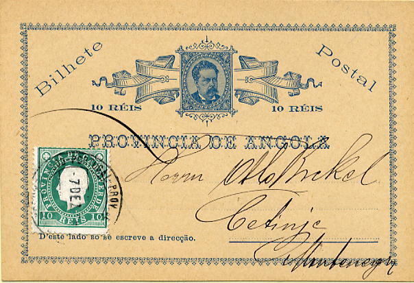 23Lis_0466.jpg -     Lote:    466            Angola       Descrição:         1885 &mdash; D. Luís I. OM1, 10 reis azul em cartolina camurça, circulado com selo adicional de 10 reis da emissão de D. Luís I de Cabo Verde (selo de recurso), de Moçamedes (07.12.95) para a Alemanha. MB e R.        IC       Valor Base:     &euro; 50,00     Valor Venda:     Retirado     