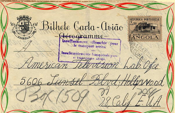 23Lis_0468.jpg -     Lote:    468            Angola       Descrição:         1955 &mdash; Bilhetes-Cartas. Edifícios públicos. OM11, 2$50 preto e castanho claro (Estação Rádio Transmissora &mdash; CTT * Luanda). Circulado de Luanda para os EUA. Por insuficiência de franquia circulou pela via ordinária. Carimbo bilingue batido a violeta "INSUFICIENTEMENTE FRANQUEADA PARA O TRANSPORTE AÉREO". B e R.        IC       Valor Base:     &euro; 15,00     Valor Venda:     &euro; 38,00     