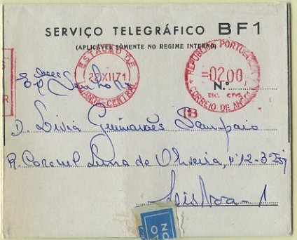 23Lis_0469.jpg -     Lote:    469            Angola       Descrição:         1971 &mdash; Impressos de Telegramas Directos e Autógrafos. Boas-Festas. OM BF1, circulado por via aérea com franquia mecânica de 2$00 impressa a vermelho de Luanda (22.12.71) para Lisboa.        IC       Valor Base:     &euro; 5,00     Valor Venda:     Retirado     