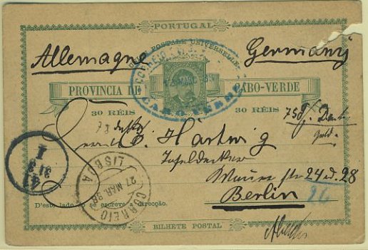 23Lis_0471.jpg -     Lote:    471            Cabo Verde       Descrição:         1886 &mdash; D. Luís I. OM3, 30 reis verde, circulado de S. Vicente (12.03.88) para Berlim (31.03.88) com trânsito por Lisboa (27.03.88). Defeito no canto superior direito. Carimbo de dupla oval batido a verde "CORREIO DE S. VICENTE / CABO VERDE".        IC       Valor Base:     &euro; 5,00     Valor Venda:     Retirado     