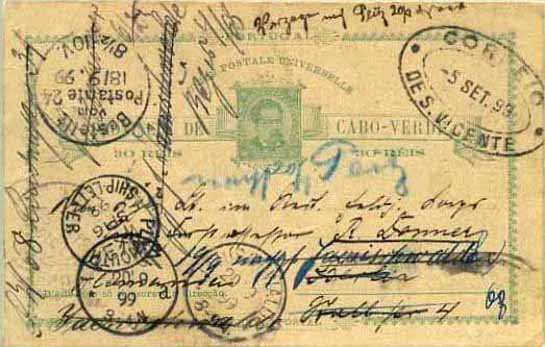 23Lis_0472.jpg -     Lote:    472            Cabo Verde       Descrição:         1885 &mdash; D. Luís I. OM3b, 30 reis verde claro sobre cartolina creme, circulado de S. Vicente (05.09.99) para Berlim (18.09.99) e várias vezes reendereçado na Alemanha. Marca "SHIP LETTER / PLYMOUTH".        IC       Valor Base:     &euro; 20,00     Valor Venda:     &euro; 20,00     