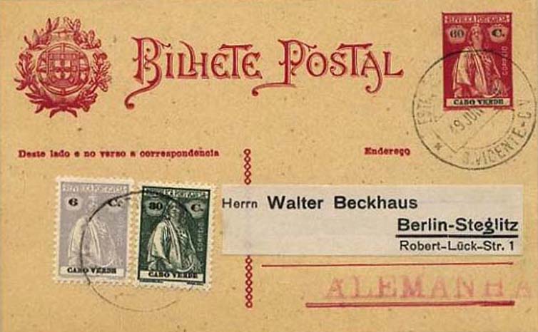 23Lis_0474.jpg -     Lote:    474            Cabo Verde       Descrição:         1926 &mdash; Ceres. OM20, 60C carmim sobre cartolina camurça, circulado de S. Vicente (19.06.1926) para a Alemanha com selos adicionais tipo Ceres de 6C violeta e 30C verde.        IC       Valor Base:     &euro; 20,00     Valor Venda:     &euro; 20,00     