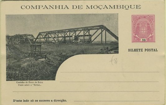 23Lis_0477.jpg -     Lote:    477            Companhia de Moçambique       Descrição:         1904 &mdash; Tipo Elefante. Título COMPANHIA DE MOÇAMBIQUE / BILHETE POSTAL. OM9a (F &mdash; Caminho de Ferro da Beira / Ponte sobre o "Revué"), 10 reis rosa lilás.        IN       Valor Base:     &euro; 7,00     Valor Venda:     &euro; 7,00     