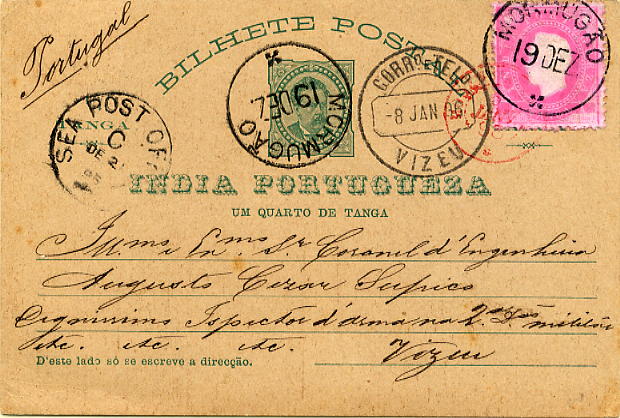 23Lis_0482.jpg -     Lote:    482            Índia       Descrição:         1886 &mdash; D. Luís I. OM1, &frac14; Tanga, verde em cartolina camurça, circulado com selo adicional de 1 Tanga (D. Luís I, denteado 12 &frac12;, CE135), de Mormugão (19.12.95) para Viseu (08.01.96) com trânsito por Bordéus (05.01.96). Carimbo batido a preto "SEA POST OFFICE", datado de 21.12.1896. MB e R.        IC       Valor Base:     &euro; 150,00     Valor Venda:     &euro; 260,00     