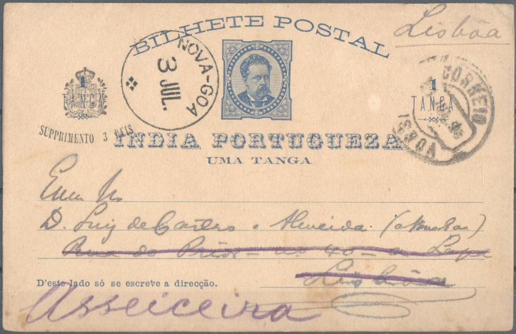 23Lis_0483.jpg -     Lote:    483            Índia       Descrição:         1892 &mdash; D. Luís I de frente com sobrecarga preto. OM6, 1 Tanga + 3 reis (supprimento), azul, circulado de Nova Goa (03.07.94) para Lisboa (29.07.1894). MB.        IC       Valor Base:     &euro; 10,00     Valor Venda:     Retirado     