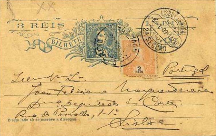 23Lis_0485.jpg -     Lote:    485            Índia       Descrição:         1903 &mdash; D. Carlos I tipo Mouchon. OM11, 3 reis azul sobre cartolina camurça, circulado de Nova Goa (21.01.09) para Lisboa (08.01.1909 &mdash; erro de datador), com selo adicional de 2 reis laranja tipo D. Carlos I Mouchon, CE187.        IC       Valor Base:     &euro; 10,00     Valor Venda:     Retirado     