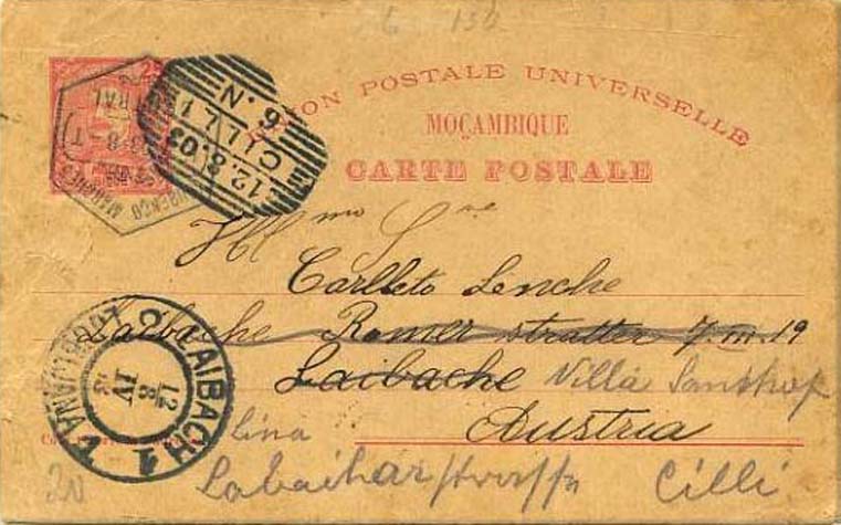 23Lis_0490.jpg -     Lote:    490            Moçambique       Descrição:         1903 &mdash; D. Carlos I tipo Mouchon. OM6, 25 reis carmim sobre cartolina camurça, circulado de Lourenço Marques (15.07.03) para Laibach * Áustria (12.08.03) e reendereçado para Cilli (12.08.03). Pequenos defeitos.        IC       Valor Base:     &euro; 5,00     Valor Venda:     &euro; 6,00     