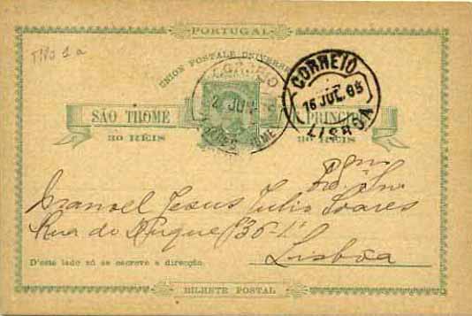 23Lis_0491.jpg -     Lote:    491            S. Tomé e Príncipe       Descrição:         1885 &mdash; D. Luís I. OM3, 30 reis verde claro sobre cartolina camurça, circulado de S. Tomé (02.07.85) para Lisboa (16.07.85).        IC       Valor Base:     &euro; 10,00     Valor Venda:     Retirado     