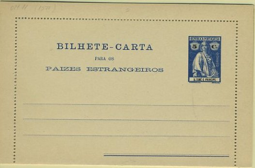 23Lis_0492.jpg -     Lote:    492            S. Tomé e Príncipe       Descrição:         1914 &mdash; Ceres de S. Tomé e Príncipe. Bilhetes-Cartas. OM11, 5 C. azul escuro. Novo.        IN       Valor Base:     &euro; 4,00     Valor Venda:     Retirado     