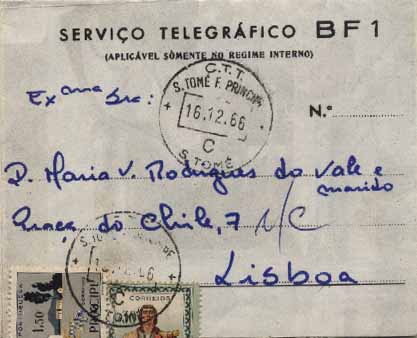 23Lis_0493.jpg -     Lote:    493            S. Tomé e Príncipe       Descrição:         1964 &mdash; Ultramar. Serviços dos CTTU. Autógrafos de Boas Festas. OM35 BF1 &mdash; Verde azeitona e policromo. Anunciação. Circulado de S. Tomé e Príncipe (16.12.66) para Lisboa com selos adicionais CE354 e 369. Selos cortados ao médio na abertura do inteiro.        IC       Valor Base:     &euro; 5,00     Valor Venda:     Retirado     