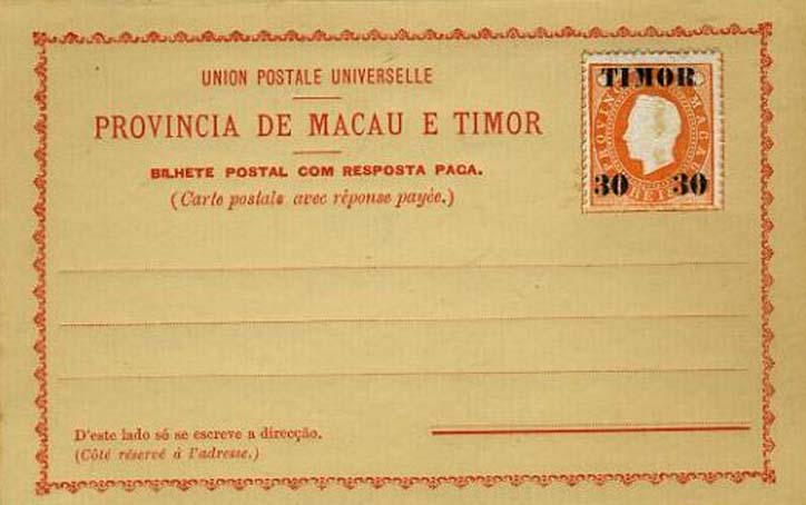 23Lis_0494.jpg -     Lote:    494            Timor       Descrição:         1892 &mdash; Bilhetes-Postais de resposta paga de Macau e Timor, sem selo impresso, vendidos com selos colados de D. Luís I (Selos de Macau com sobrecarga Timor e sobretaxa). OMII, 30+30 s/ 300+300 reis laranja. Novo.        IN       Valor Base:     &euro; 15,00     Valor Venda:     Retirado     