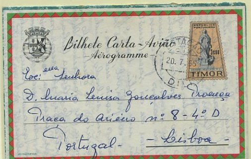 23Lis_0497.jpg -     Lote:    497            Timor       Descrição:         1963 &mdash; Bilhetes-cartas de correio aéreo. Motivos diversos. Monumento a Nossa Senhora em Dili. OM4, 3$00 preto e rosa, circulado de Díli (20.07.65) para Lisboa.        IC       Valor Base:     &euro; 10,00     Valor Venda:     &euro; 16,00     