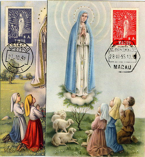 23Lis_0541.jpg -     Lote:    541            Ilhas e Colónias       Descrição:      Ex-Colónias.   Nossa Senhora de Fátima. Lote de 5 postais ilustrados, concordantes com selos das emissões de Nossa Senhora de Fátima de Macau, Angola, Guiné, S. Tomé e Príncipe e Timor, CE339, 302, 261, 347 e 269, respectivamente, obliterados com carimbos ordinários de Macau (28.08.55), Luanda (01.03.55), Bissau (13.10.67), S. Tomé e Príncipe (09.12.67) e Díli (21.10.49). MB e R.        PM       Valor Base:     &euro; 30,00     Valor Venda:     &euro; 42,00     