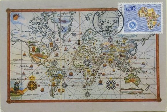 23Lis_0543.jpg -     Lote:    543            Ilhas e Colónias       Descrição:      Angola * Palops   &mdash; Mapa de África. Postal ilustrado com Mapa-Mundi, com selo de 10Kz emissão de 1984, obliterado com carimbo de 1.º dia de circulação (25.04.84).        PM       Valor Base:     &euro; 5,00     Valor Venda:     &euro; 5,00     