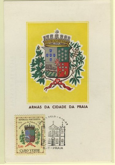 23Lis_0544.jpg -     Lote:    544            Ilhas e Colónias       Descrição:      Cabo Verde   &mdash; 1.º Centenário da Cidade da Praia * 1858-1958. Postal ilustrado com as armas da Cidade da Praia, com selo de 1$00 comemorativo do seu centenário, obliterados com carimbo comemorativo do Dia do Selo &mdash; Praia (01.12.58).        PM       Valor Base:     &euro; 5,00     Valor Venda:     &euro; 12,00     