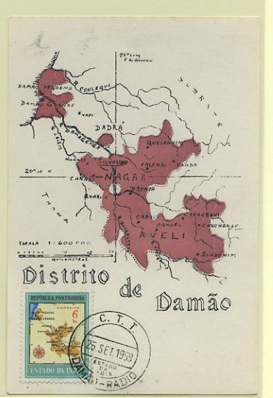 23Lis_0550.jpg -     Lote:    550            Ilhas e Colónias       Descrição:      Índia Portuguesa.   Carta geográfica de Damão. Postal ilustrado concordante com selo de 6 reis CE462, obliterados com marca de dia de Damão-Radio (25.09.58).        PM       Valor Base:     &euro; 5,00     Valor Venda:     &euro; 28,00     