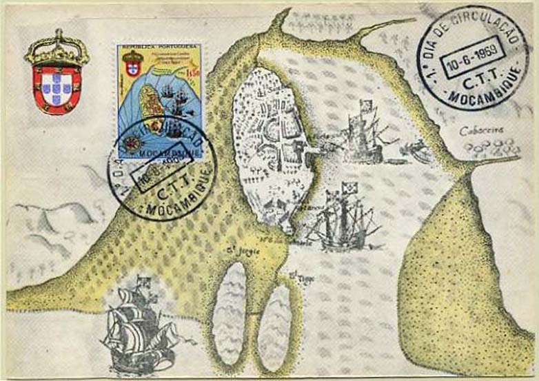 23Lis_0554.jpg -     Lote:    554            Ilhas e Colónias       Descrição:         1969 &mdash; Ilha de Moçambique. Postal ilustrado com mapa português de Moçambique de 1596, com selo de 1$50 da emissão do IV Centenário de Camões na Ilha de Moçambique, CE511, obliterados com carimbo comemorativo do 1.º dia de circulação "Moçambique 10.06.1969".        PM       Valor Base:     &euro; 10,00     Valor Venda:     &euro; 10,00     