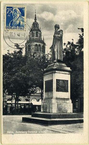23Lis_0556.jpg -     Lote:    556            Estrangeiro       Descrição:      Alemanha.   Imprensa * Monumento a Gutenberg em Mainz. Postal ilustrado concordante com o tema e selo também concordante de 75pf, azul, emissão de 1948, obliterados com carimbo de Mainz (08.05.48).        PM       Valor Base:     &euro; 10,00.     Valor Venda:     &euro; 10,00     