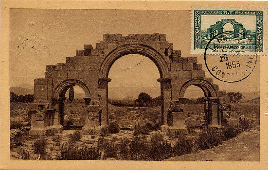 23Lis_0559.jpg -     Lote:    559            Estrangeiro       Descrição:      Argélia   &mdash; Locais e Paisagens. Lambese * Arco do Triunfo. Postal ilustrado concordante com selo de 0,03c Yv-103, obliterados com carimbo de Lambese (20.03.53). MB e Raro.        PM       Valor Base:     &euro; 15,00     Valor Venda:     Retirado     
