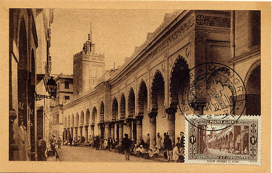 23Lis_0562.jpg -     Lote:    562            Estrangeiro       Descrição:      Argélia   &mdash; Locais e Paisagens. Mesquita El Kébir em Argel. Postal ilustrado concordante com selo de 1F Yv-116, obliterados com carimbo de Argel (12.04.52). MB e Raro.        PM       Valor Base:     &euro; 10,00     Valor Venda:     &euro; 10,00     