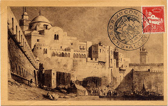 23Lis_0563.jpg -     Lote:    563            Estrangeiro       Descrição:      Argélia   &mdash; Mesquita da Pescaria. Postal ilustrado concordante com selo de 50c Yv-79ª, obliterados com carimbo de Argel (12.04.52).        PM       Valor Base:     &euro; 10,00     Valor Venda:     &euro; 10,00     