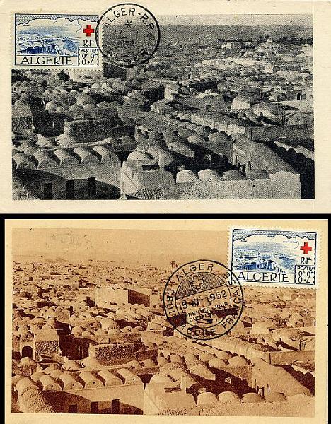 23Lis_0566.jpg -     Lote:    566            Estrangeiro       Descrição:      Argélia   &mdash; Vista de Oued e Rivage de Algerie. Lote de dois postais ilustrados diferentes cada um com um selo de 8F+2F Yv-300, obliterados com carimbo de Argel (13.01.1953) e (15.11.52).        PM       Valor Base:     &euro; 15,00     Valor Venda:     &euro; 15,00     