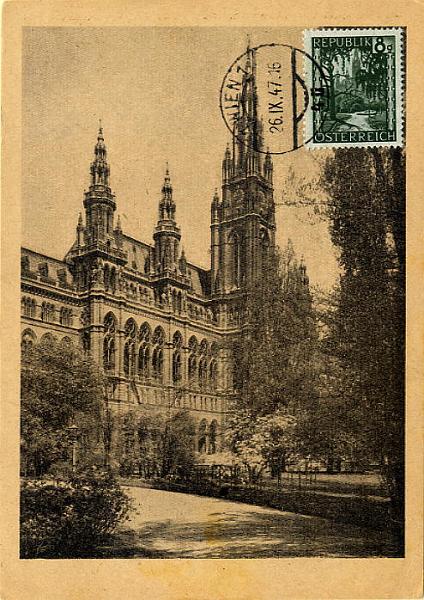 23Lis_0567.jpg -     Lote:    567            Estrangeiro       Descrição:      Áustria * Rathaus   &mdash; Postal ilustrado de Viena (Rathaus), com selo de 8g concordante, obliterados com carimbo de Viena (26.09.47).        PM       Valor Base:     &euro; 10,00     Valor Venda:     &euro; 10,00     