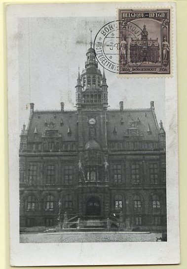 23Lis_0571.jpg -     Lote:    571            Estrangeiro       Descrição:      Bélgica   &mdash; Centenário de Borgerhout. Postal ilustrado a preto e branco, concordante com selos de 70+30c Yvert436, obliterados com carimbo comemorativo de Borgerhout (03.10.36).        PM       Valor Base:     &euro; 6,00     Valor Venda:     Retirado     