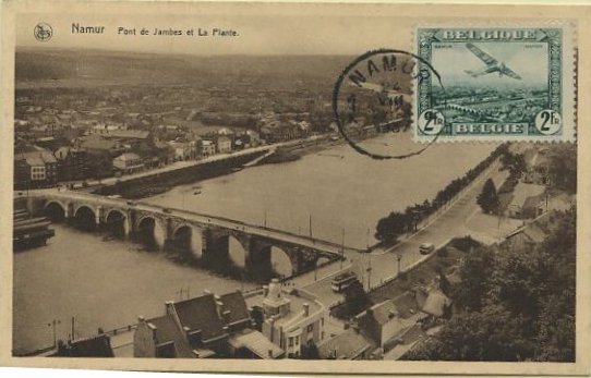 23Lis_0572.jpg -     Lote:    572            Estrangeiro       Descrição:      Bélgica   &mdash; Ponte de Jambes em Namur. Postal ilustrado a sépia, concordante com selo do Correio Aéreo de 2Fr, verde Yvert CA3, obliterados com marca de dia de Namur (24.08.1937).        PM       Valor Base:     &euro; 7,00     Valor Venda:     &euro; 7,00     