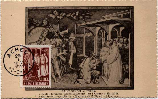 23Lis_0574.jpg -     Lote:    574            Estrangeiro       Descrição:      Bélgica.   1948 &mdash; Em benefício da Abadia de Achel. Postal ilustrado de St. Benoit et Totila, editado para angariação de fundos para a Abadia de Achel com selos de 65c + 65c castanho-vermelho (Yvert 773), obliterados com marca de dia de Achel (10.11.1948).        PM       Valor Base:     &euro; 10,00     Valor Venda:     Retirado     