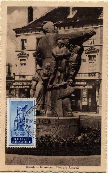 23Lis_0575.jpg -     Lote:    575            Estrangeiro       Descrição:      Bélgica.   1948 &mdash; Em benefício da Fundação Anseele. Postal ilustrado com o Monumento Edouard Anseele, com selo de 3,15f + 1,85f azul (Yvert 784) obliterados com carimbo comemorativo do Milénio de Hamdelsstad (13.07.49). B e MR.        PM       Valor Base:     &euro; 10,00     Valor Venda:     &euro; 10,00     