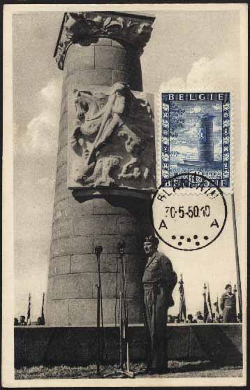 23Lis_0576.jpg -     Lote:    576            Estrangeiro       Descrição:      Bélgica.   1950 &mdash; Amizade Anglo-Belga. Postal ilustrado com memorial belgo-britânico, erigido em Hertain para comemorar a entrada das primeiras tropas Inglesas na Bélgica para a sua libertação (2.ª Guerra Mundial), com selo representando o monumento, de 4f + 2f, azul (Yvert825), obliterados com marca de dia de Blandai (30.05.50).        PM       Valor Base:     &euro; 15,00     Valor Venda:     Retirado     