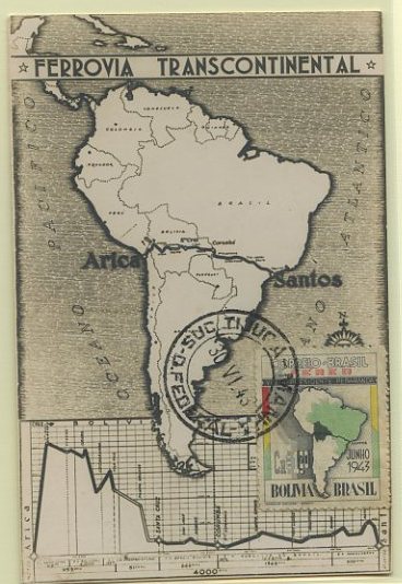 23Lis_0578.jpg -     Lote:    578            Estrangeiro       Descrição:      Brasil   &mdash; Ferrovia Transcontinental. Postal ilustrado fotográfico concordante com selo de Cr$ 1,20 Yvert CA36, obliterados com marca de dia de Tijuca (30.06.43).        PM       Valor Base:     &euro; 15,00     Valor Venda:     Retirado     